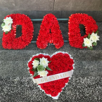 Elegant Funeral Flower Heart Arrangement with Personalized Letters & Ribbon – Tribute for Dad, Mum, Son