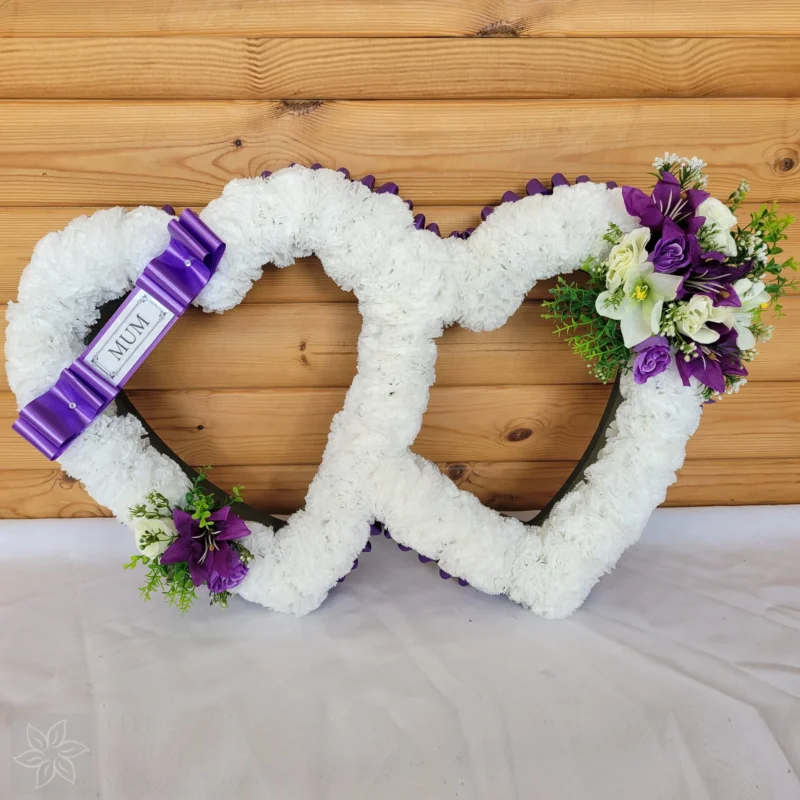 Artificial Double Heart Funeral Tribute Wreath – Custom Silk Grave Flowers for MUM, NAN, NANNY, SISTER