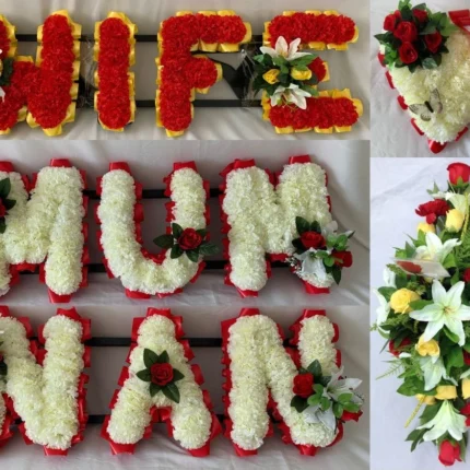 Elegant Wife Memorial Silk Funeral Flower Package – Large Spray, Heart Tribute, and ‘Mum’ Floral Arrangement