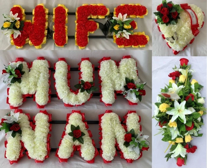 Elegant Wife Memorial Silk Funeral Flower Package – Large Spray, Heart Tribute, and ‘Mum’ Floral Arrangement