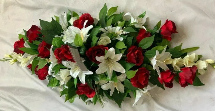 Elegant Artificial Silk Flower Coffin Spray – Funeral Casket Topper Arrangement