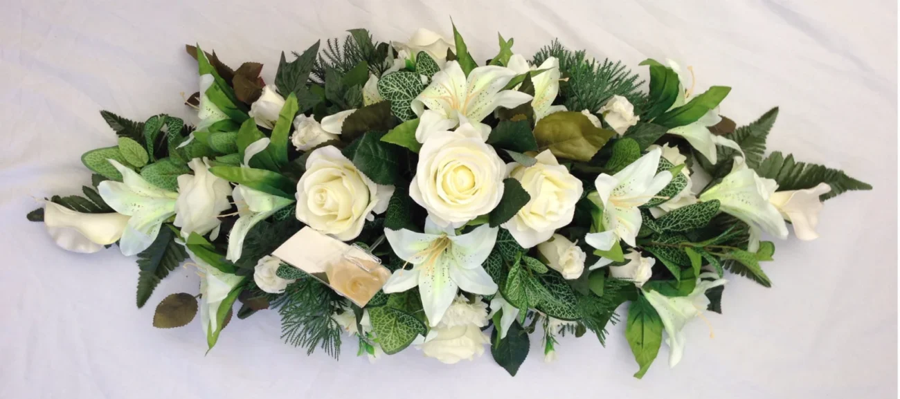 Artificial Silk Funeral Flower Coffin Spray – Lily Tribute Casket Topper and Memorial Wreath Arrangement