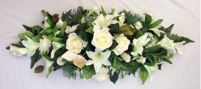 Artificial Silk Funeral Flower Coffin Spray – Lily Tribute Casket Topper and Memorial Wreath Arrangement
