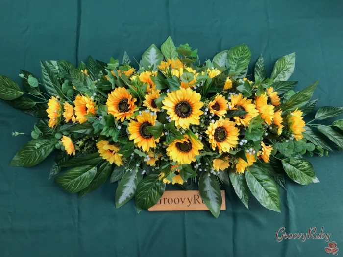 Eternal Sunshine 5ft Casket Spray – Artificial Funeral Flowers with Sunflowers for Memorial & Grave Tributes