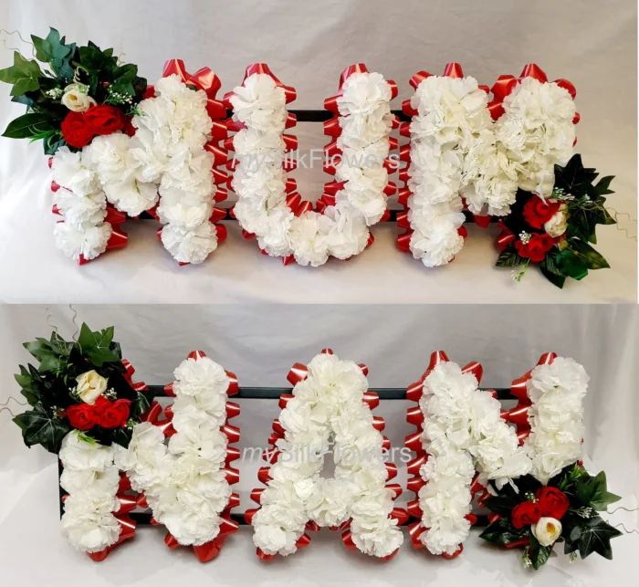 Personalized MUM NAN Artificial Silk Funeral Tribute – Custom 3-Letter Name Flower Wreath & Heart Memorial Arrangement