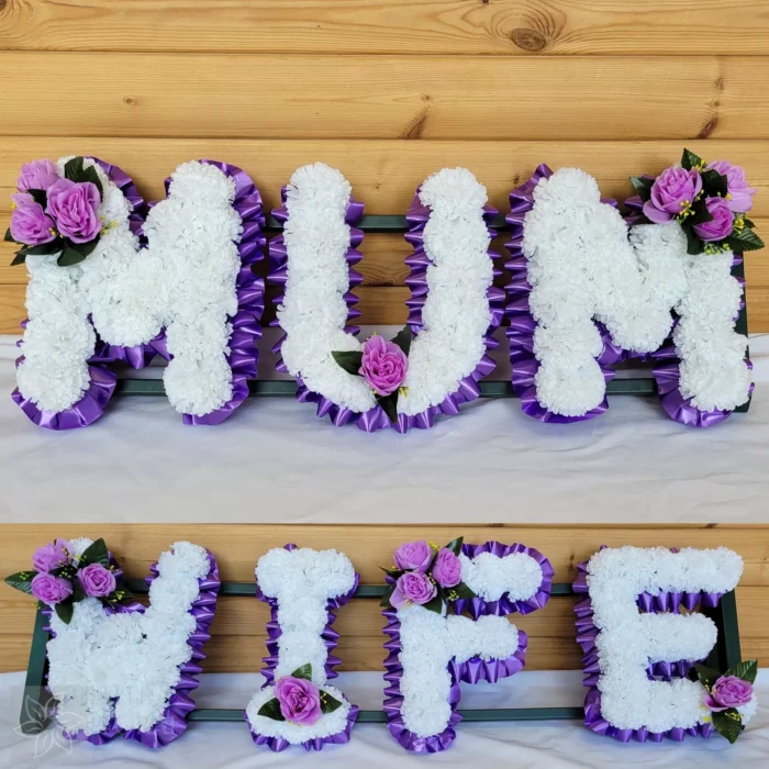 **MUM & WIFE Funeral Flowers Artificial Tribute Package – Silk Memorial Letters Wreath** Pay tribute to your beloved **MUM** or **WIFE** with this beautifully handcrafted **Artificial Silk Funeral Tribute Package**. This elegant wreath is designed to honor and commemorate the life of your loved one, offering a lasting symbol of love, respect, and remembrance. The wreath is made with premium artificial silk flowers and features personalized memorial letters, making it a unique and heartfelt tribute. ### **Key Features:** * **Personalized Memorial**: * This tribute can be customized with the words **MUM**, **WIFE**, or any other 3 to 6-letter name or title you wish to memorialize. * Each letter is handcrafted using lifelike artificial silk carnations, ensuring a vibrant and enduring tribute. * **Premium Materials**: * The tribute wreath is made with high-quality artificial silk carnations that are designed to mimic the beauty of fresh flowers, ensuring longevity. * Ribbon edging and posey clusters are included to add a touch of elegance and personalization. * **Customizable Colors**: * **Carnations**: Available in 8 beautiful colors to suit your preferred color scheme. * **Ribbons**: Choose from 14 ribbon colors to complement your wreath and add an extra personal touch. * **Posey Clusters**: Tailor the color of the posey clusters to match or contrast with your selected colors. ### **Specifications:** * **Size**: * The wreath measures **6ft wide x 12 inches high**, perfect for gravesides, memorial services, or indoor displays. * **Sturdy Frame**: Includes a durable florist frame to ensure the wreath stays in place for display. * **Free Message Card and Holder**: A thoughtful addition, offering the opportunity to include a personalized message. ### **How to Personalize Your Tribute:** 1. **Choose Your Letters**: Select **MUM**, **WIFE**, or any 3 to 6-letter name (e.g., **SUSAN**, **AMY**, **LUCY**). 2. **Select Carnation Color**: Pick your preferred carnation color from the available options in the **Step 1** image. 3. **Pick Ribbon Color**: Choose a ribbon color from the **Step 2** image to match or complement the design. 4. **Select Posey Color**: Choose a matching or contrasting posey color from the **Step 3** image. Example customization: * **Name**: MUM * **Carnations**: White * **Ribbon**: Baby Pink * **Posey**: Pink * **Name**: WIFE * **Carnations**: Red * **Ribbon**: Gold * **Posey**: Ivory Simply provide your preferences in the personalization box during checkout, and our experienced florists will ensure your wreath is created to your specifications. ### **Additional Details:** * **Durable & Long-Lasting**: Designed with high-quality artificial silk flowers, this wreath will maintain its beauty for a long time. * **Weather-Resistant**: The wreath is suitable for outdoor use, and its high-quality materials will withstand the elements without losing their vibrancy. * **Realistic Appearance**: The artificial silk flowers have a lifelike appearance that mimics fresh blooms, creating a timeless memorial. * **Color Variations**: Slight color differences may occur due to lighting during photography, but rest assured, the finished wreath will closely match your selected colors. ### **Shipping & Delivery:** * **Fast Dispatch**: Orders placed by 6 PM on a working day will be dispatched the next business day. * **Tracked Delivery**: Full tracking information will be provided to ensure safe and timely delivery. ### **Why Choose This Tribute?** The **MUM & WIFE Funeral Flowers Artificial Tribute Package** offers a meaningful and lasting way to commemorate your loved one. The wreath is customizable to reflect their personality and your heartfelt sentiments, making it a unique and special memorial. Order today to create a beautiful tribute for your **MUM**, **WIFE**, or any special person, and provide them with a lasting, elegant memorial that will be cherished for years to come. **Keywords**: MUM Funeral Tribute, WIFE Memorial Wreath, Artificial Silk Funeral Flowers, Custom Memorial Package, Personalized Funeral Wreath, Silk Carnation Memorial, Custom Funeral Letters, Memorial Wreath for MUM, Funeral Flowers Package.