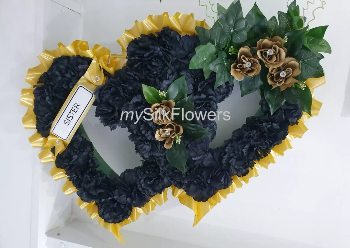 Artificial Silk Double Open Heart Funeral Wreath – Memorial Tribute Flowers for Mum & Nan